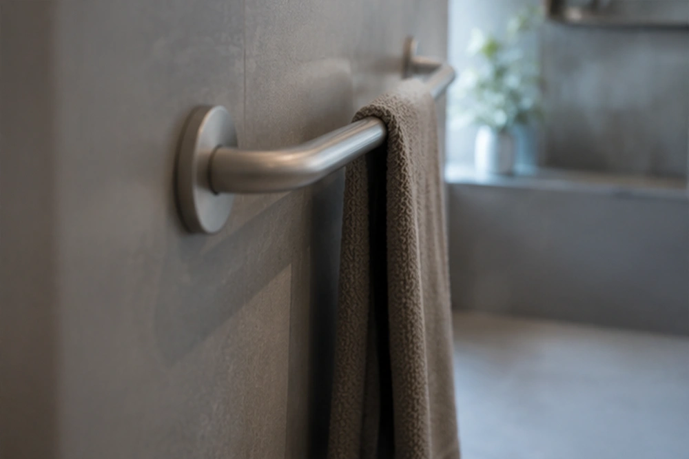 Moderner Aluminium Haltegriff für ein barrierefreies Bad mit Handtuch darauf – Schade GmbH